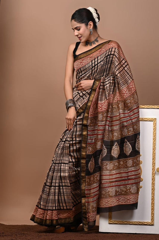 Natural Color Hand Block Print Saree