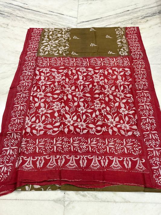 Korean Tussar Handicrafts Kantha Stitch Saree
