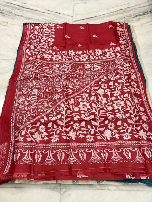 Korean Tussar Handicrafts Kantha Stitch Saree