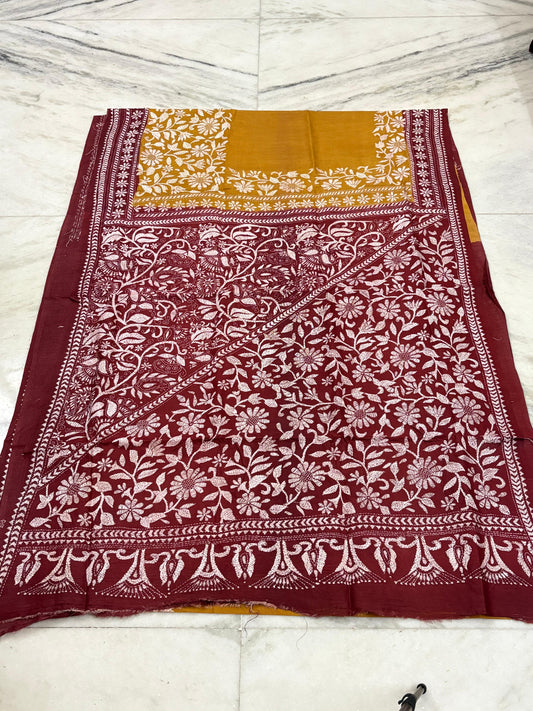 Pure Gachhi Tussar Handicrafts Kantha Stitch Saree
