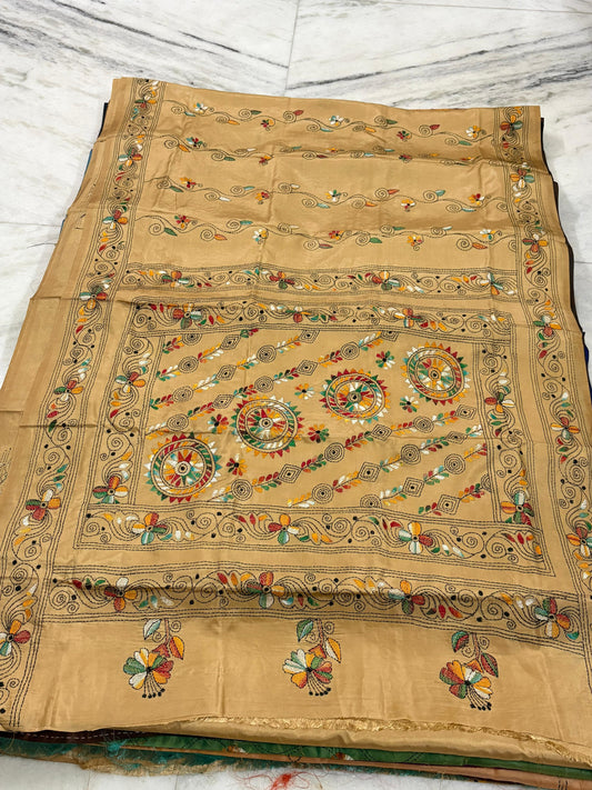 Blended Murshidabad Silk Hand Crafted Kantha Stitch Saree