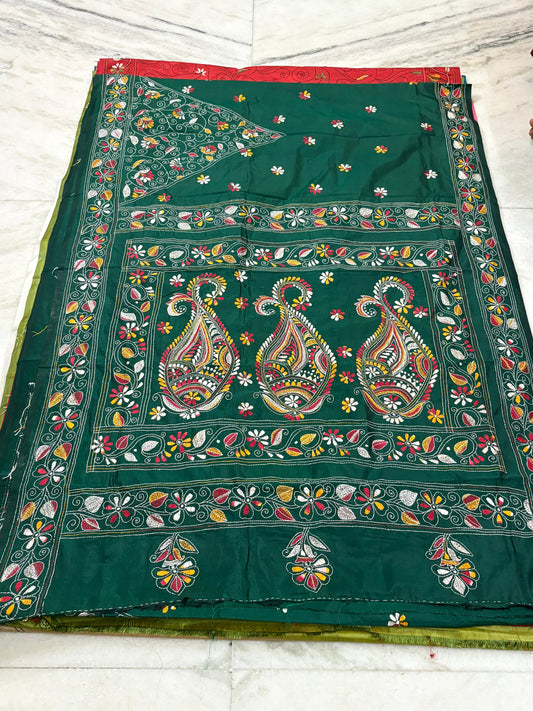 Blended Bangalore Silk Hand Crafted Kantha Stitch Saree