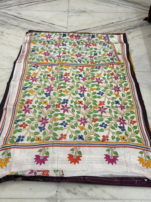 Blended Bangalore Silk Hand Crafted Kantha Stitch Saree