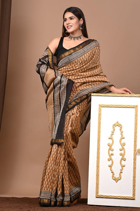 Natural Color Hand Block Print Saree