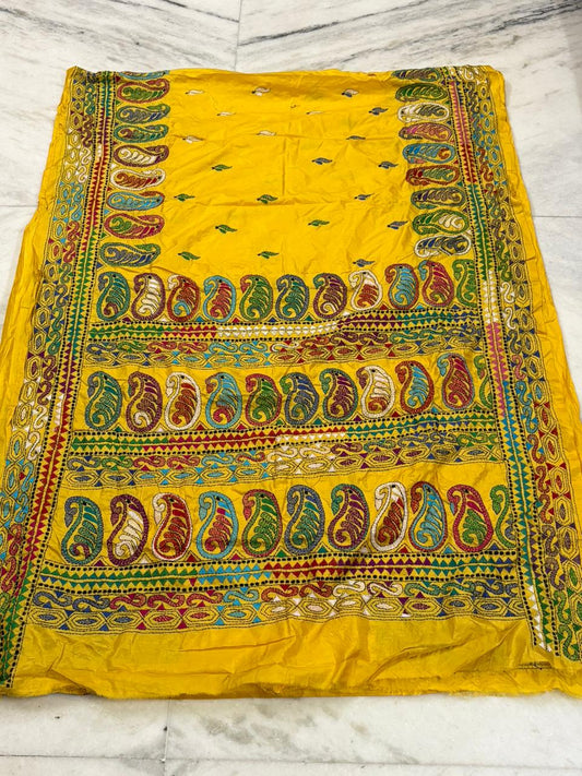 Pure Bangalore Silk Hand Crafted Kantha Stitch Saree