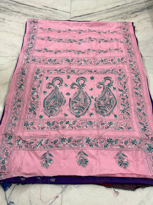 Blended Murshidabad Silk Hand Crafted Kantha Stitch Saree