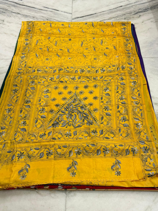 Blended Murshidabad Silk Hand Crafted Kantha Stitch Saree