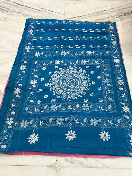 Blended Bangalore Silk Hand Crafted Kantha Stitch Saree