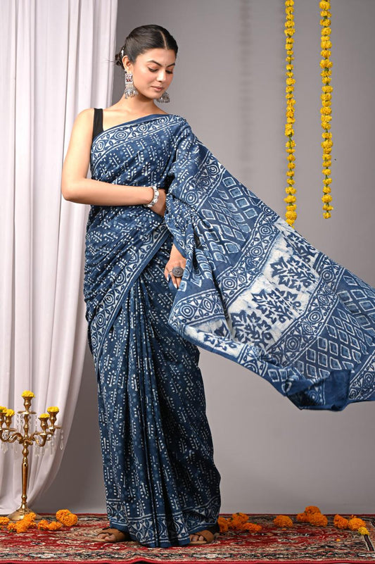 Hand Block Printing Saree with Indigo Dyes