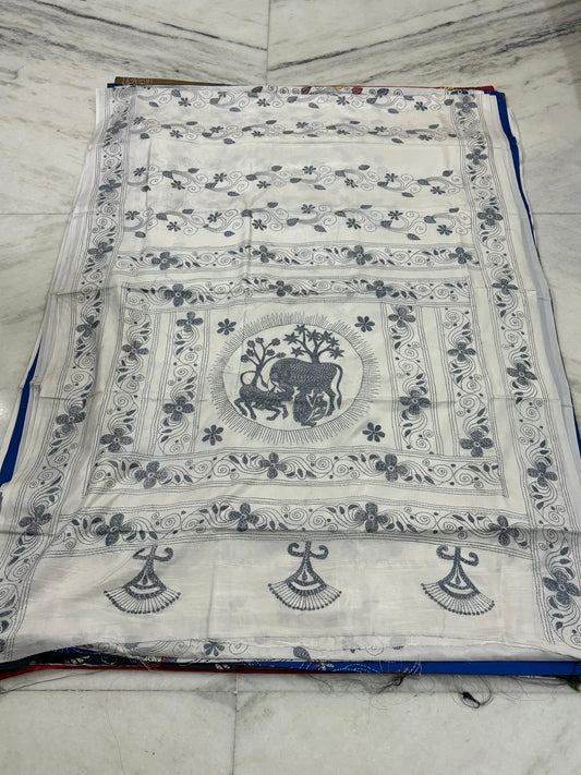Blended Murshidabad Silk Hand Crafted Kantha Stitch Saree