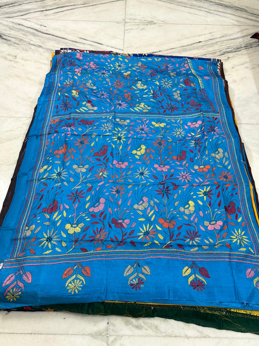 Blended Bangalore Silk Hand Crafted Kantha Stitch Saree