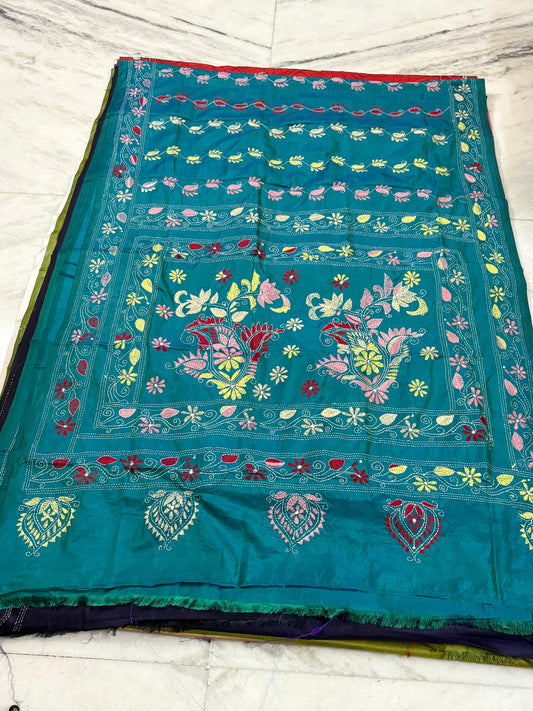 Blended Bangalore Silk Hand Crafted Kantha Stitch Saree