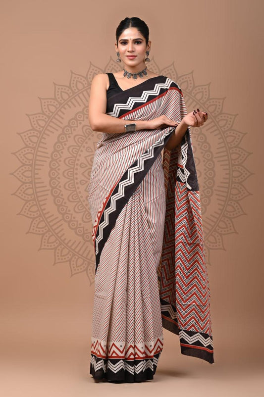 Natural Color Hand Block Print Saree