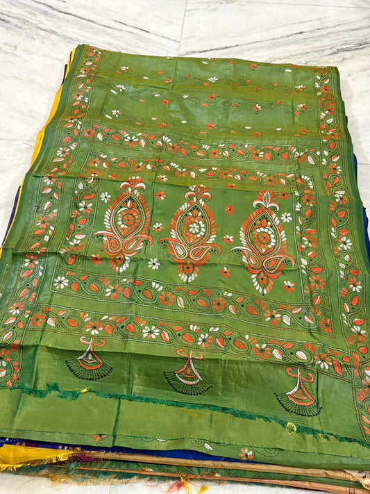 Blended Murshidabad Silk Hand Crafted Kantha Stitch Saree