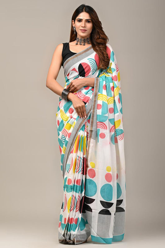 Hand Block Printing Saree on Cotton Zari