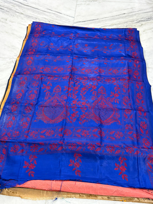 Blended Murshidabad Silk Hand Crafted Kantha Stitch Saree