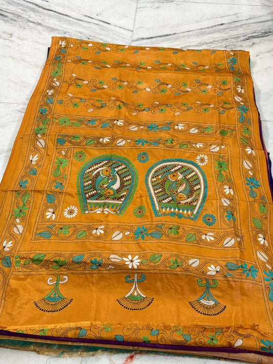 Blended Murshidabad Silk Hand Crafted Kantha Stitch Saree