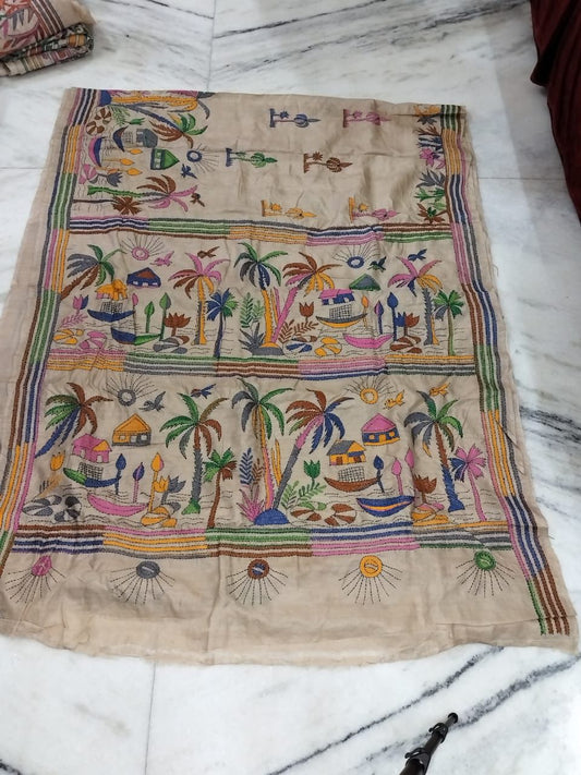 Pure Gachhi Tussar Handicrafts Kantha Stitch Saree