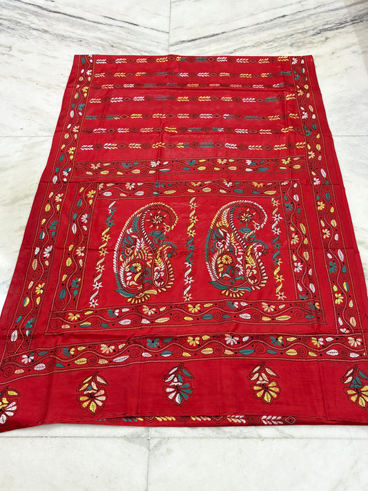 Blended Murshidabad Silk Hand Crafted Kantha Stitch Saree
