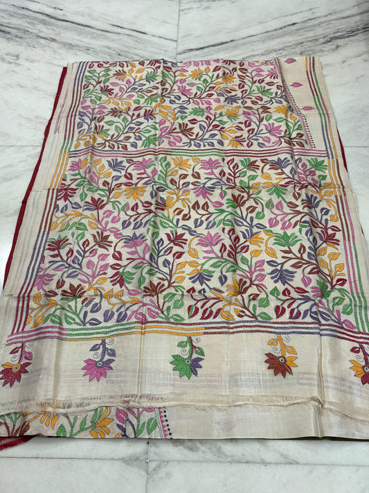 Korean Tussar Handicrafts Kantha Stitch Saree