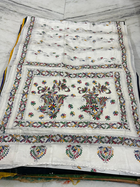 Blended Murshidabad Silk Hand Crafted Kantha Stitch Saree