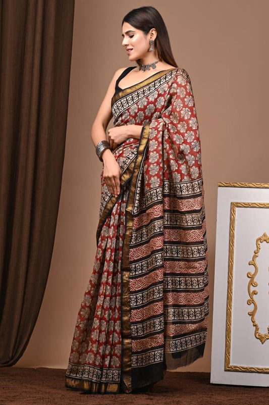 Natural Color Hand Block Print Saree