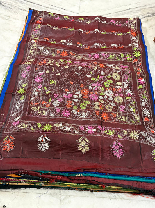 Blended Bangalore Silk Hand Crafted Kantha Stitch Saree