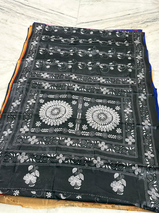 Blended Murshidabad Silk Hand Crafted Kantha Stitch Saree