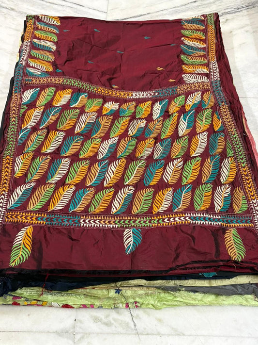 Pure Bangalore Silk Hand Crafted Kantha Stitch Saree