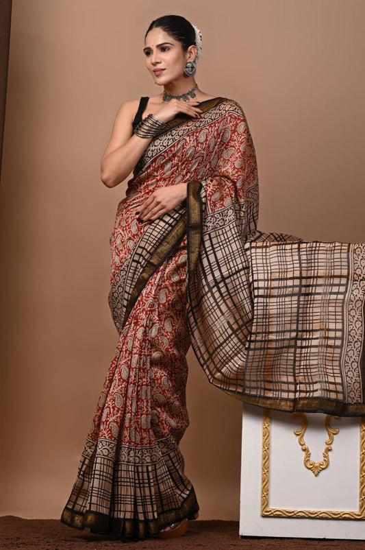 Natural Color Hand Block Print Saree