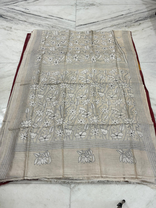 Pure Gachhi Tussar Handicrafts Kantha Stitch Saree