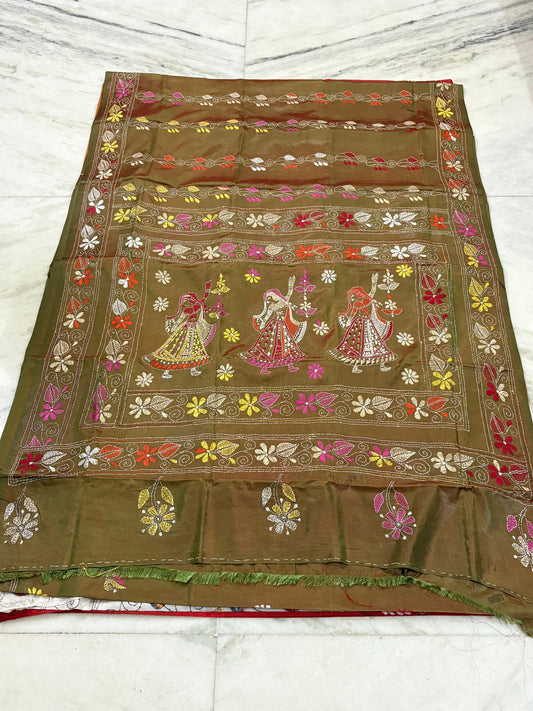 Blended Murshidabad Silk Hand Crafted Kantha Stitch Saree