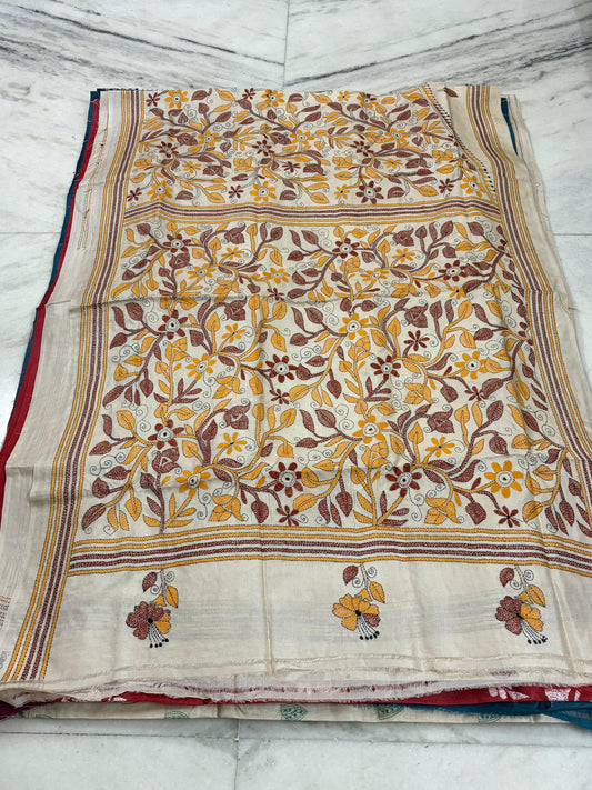 Korean Tussar Handicrafts Kantha Stitch Saree