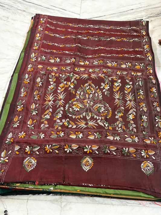 Blended Bangalore Silk Hand Crafted Kantha Stitch Saree