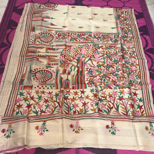 Korean Tussar Handicrafts Kantha Stitch Saree