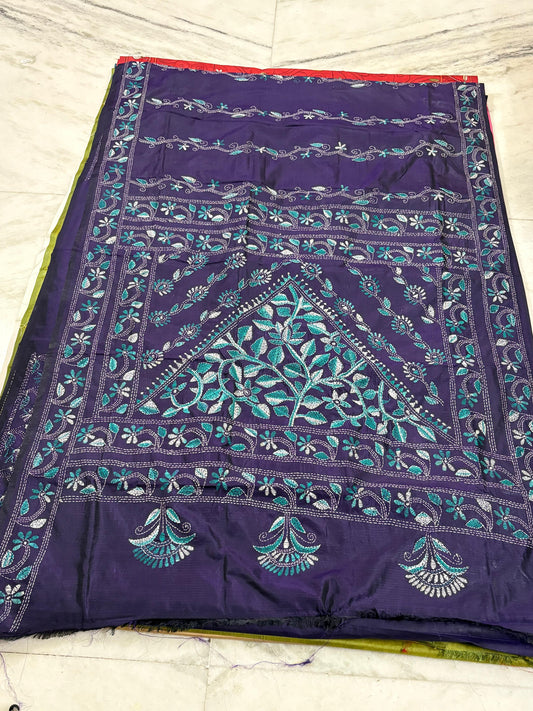 Blended Bangalore Silk Hand Crafted Kantha Stitch Saree