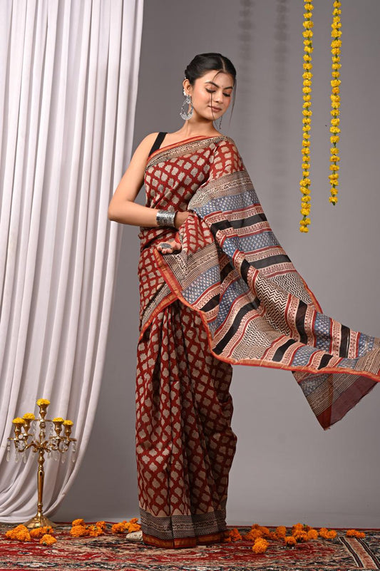 Hand Block Print Saree on Chanderi Silk
