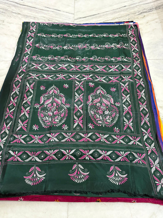 Blended Murshidabad Silk Hand Crafted Kantha Stitch Saree