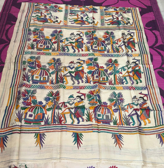 Korean Tussar Handicrafts Kantha Stitch Saree