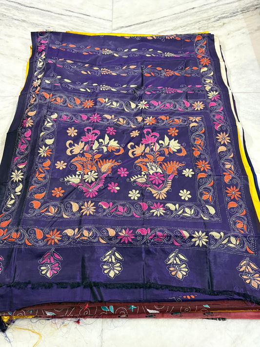 Blended Murshidabad Silk Hand Crafted Kantha Stitch Saree
