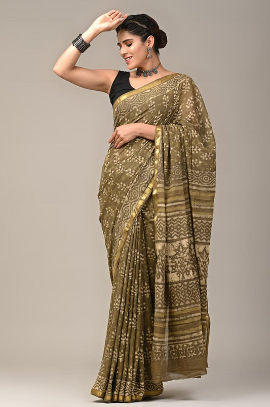 Hand Block Printing Saree on Cotton Zari