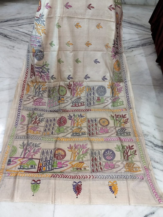 Pure Gachhi Tussar Handicrafts Kantha Stitch Saree