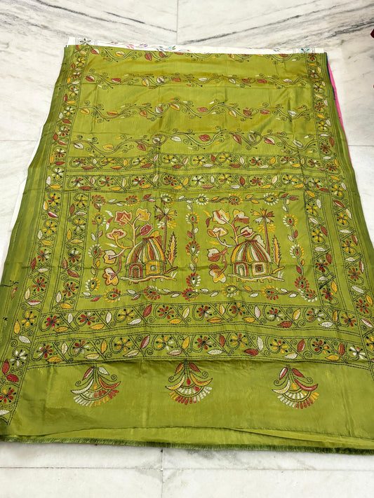Blended Bangalore Silk Hand Crafted Kantha Stitch Saree