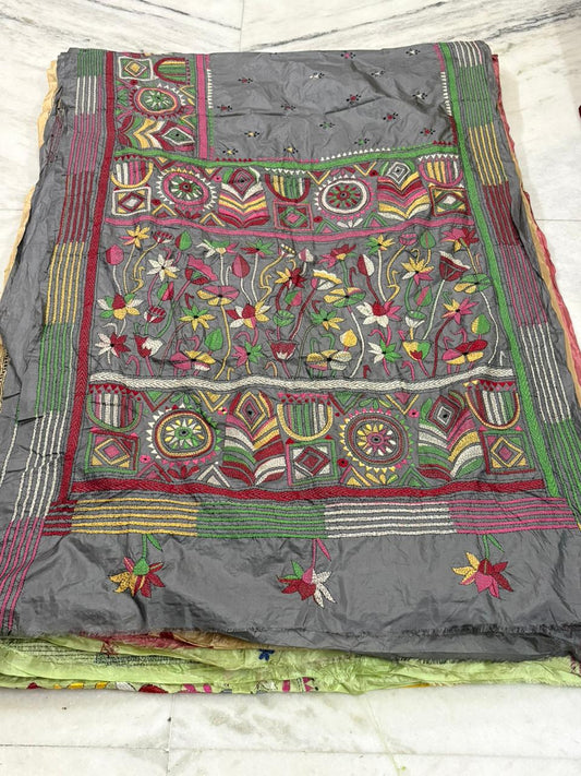 Pure Bangalore Silk Hand Crafted Kantha Stitch Saree