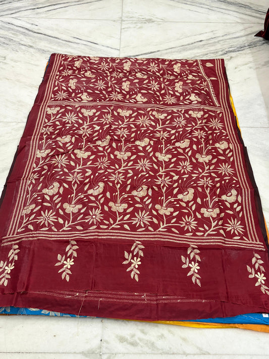Blended Bangalore Silk Hand Crafted Kantha Stitch Saree