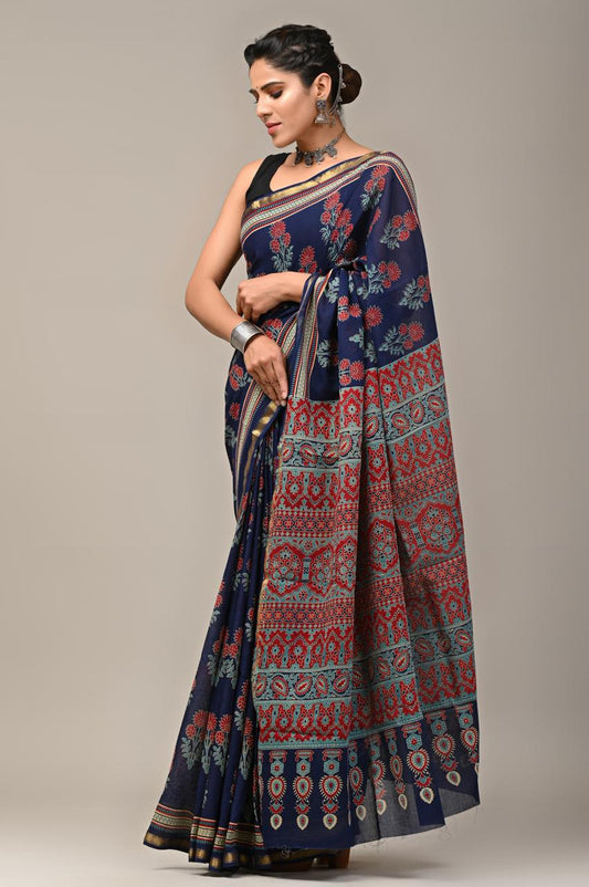 Hand Block Printing Saree on Cotton Zari