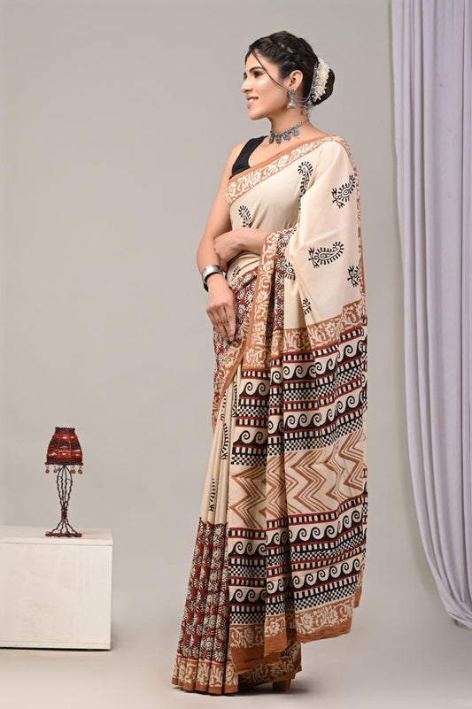 Natural Color Hand Block Print Saree