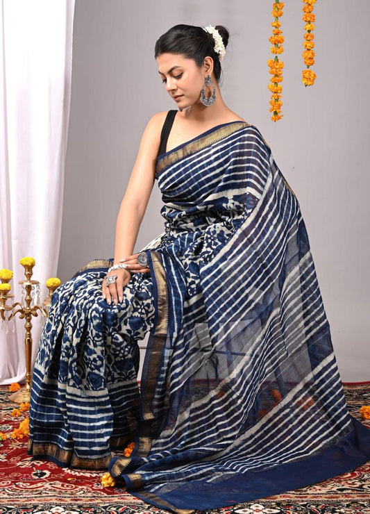 Natural Color Hand Block Print Saree