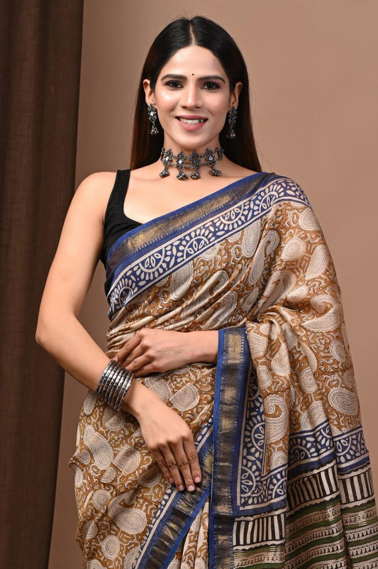 Natural Color Hand Block Print Saree