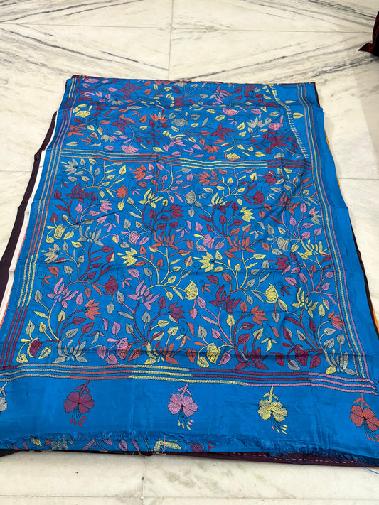 Blended Bangalore Silk Hand Crafted Kantha Stitch Saree